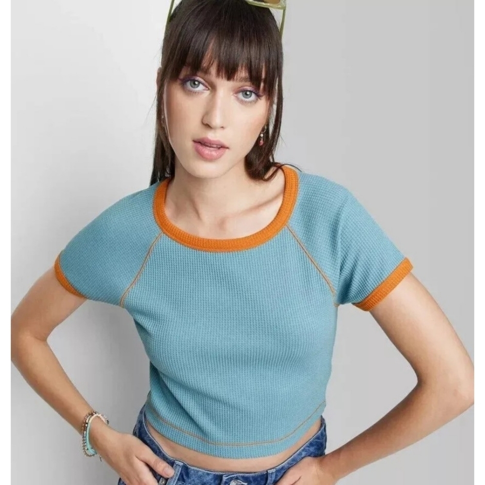 Wild Fable Ribbed Crop Short sleeve top Blue & Orange Size M